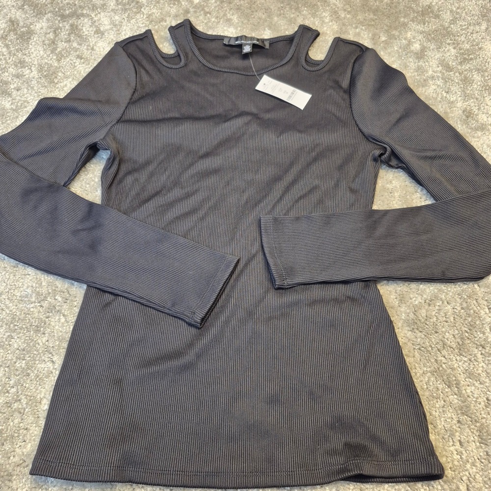 NEW White House Black Market WHBMFORME Cutout Rib‎ Top Black Long Sleeve M